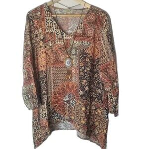 One World Live Let Live Tunic Top Medium Paisley 3/4 Sleeve Pullover
